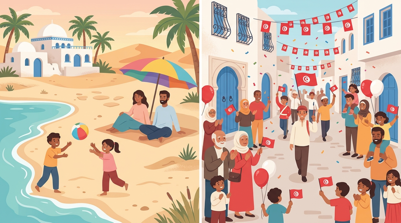 À gauche, une famille en vacances sur une plage de Djerba ; à droite, une fête nationale dans une rue tunisienne avec des drapeaux, des ballons et un défilé